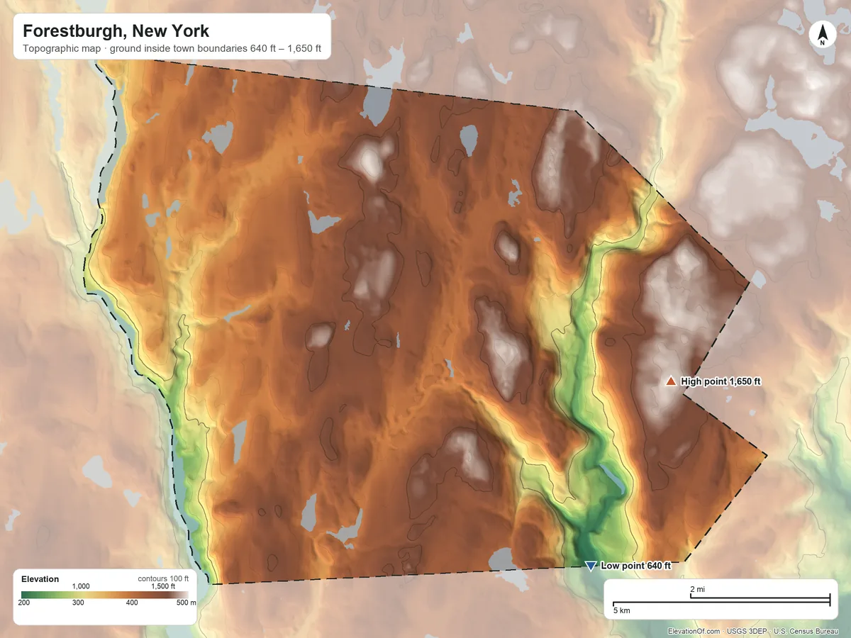 Topographic elevation map of Forestburgh, New York, shaded from 640 ft on the southeast side to 1,650 ft on the southeast side
