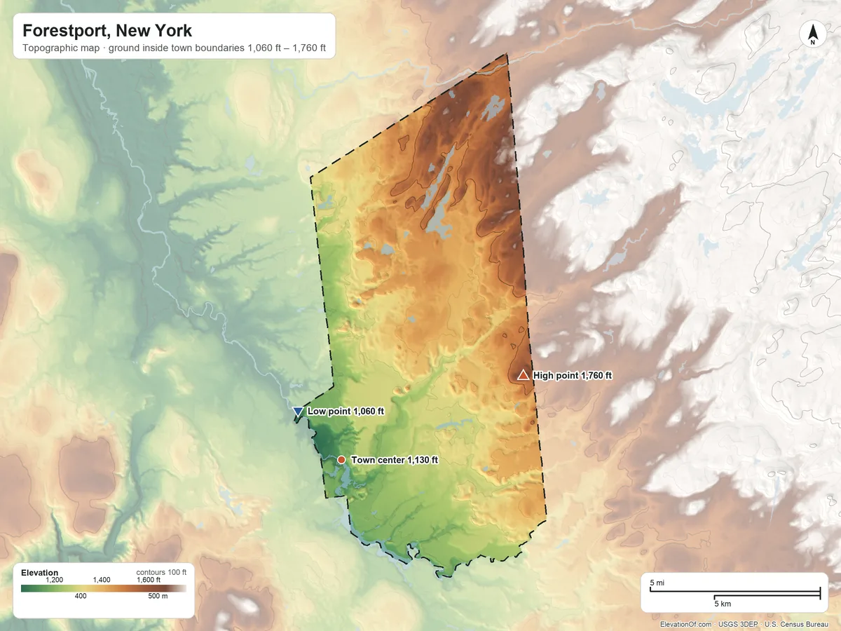 Topographic elevation map of Forestport, New York, shaded from 1,060 ft on the northwest side to 1,760 ft on Meyers Hill