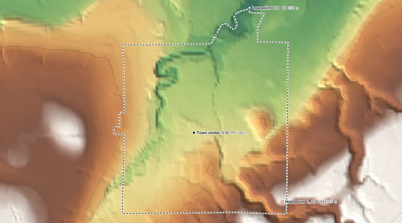 Topographic elevation map of Forestville, New York, shaded from 820 ft on the northeast side to 1,130 ft on the southeast edge, below higher ground just outside