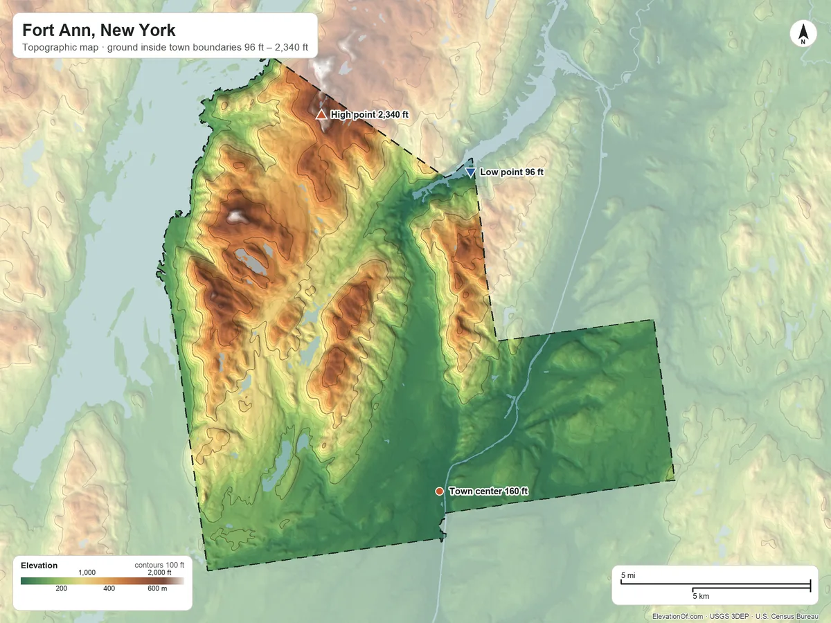 Topographic elevation map of Fort Ann, New York, shaded from 96 ft on the north side to 2,340 ft on the north side