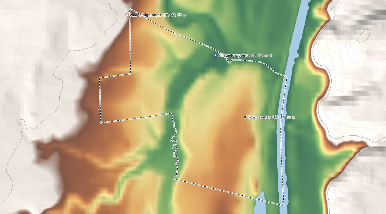 Topographic elevation map of Village of Fort Ann, New York, shaded from 130 ft on the northwest side to 190 ft at the foot of the Luzerne Mountains