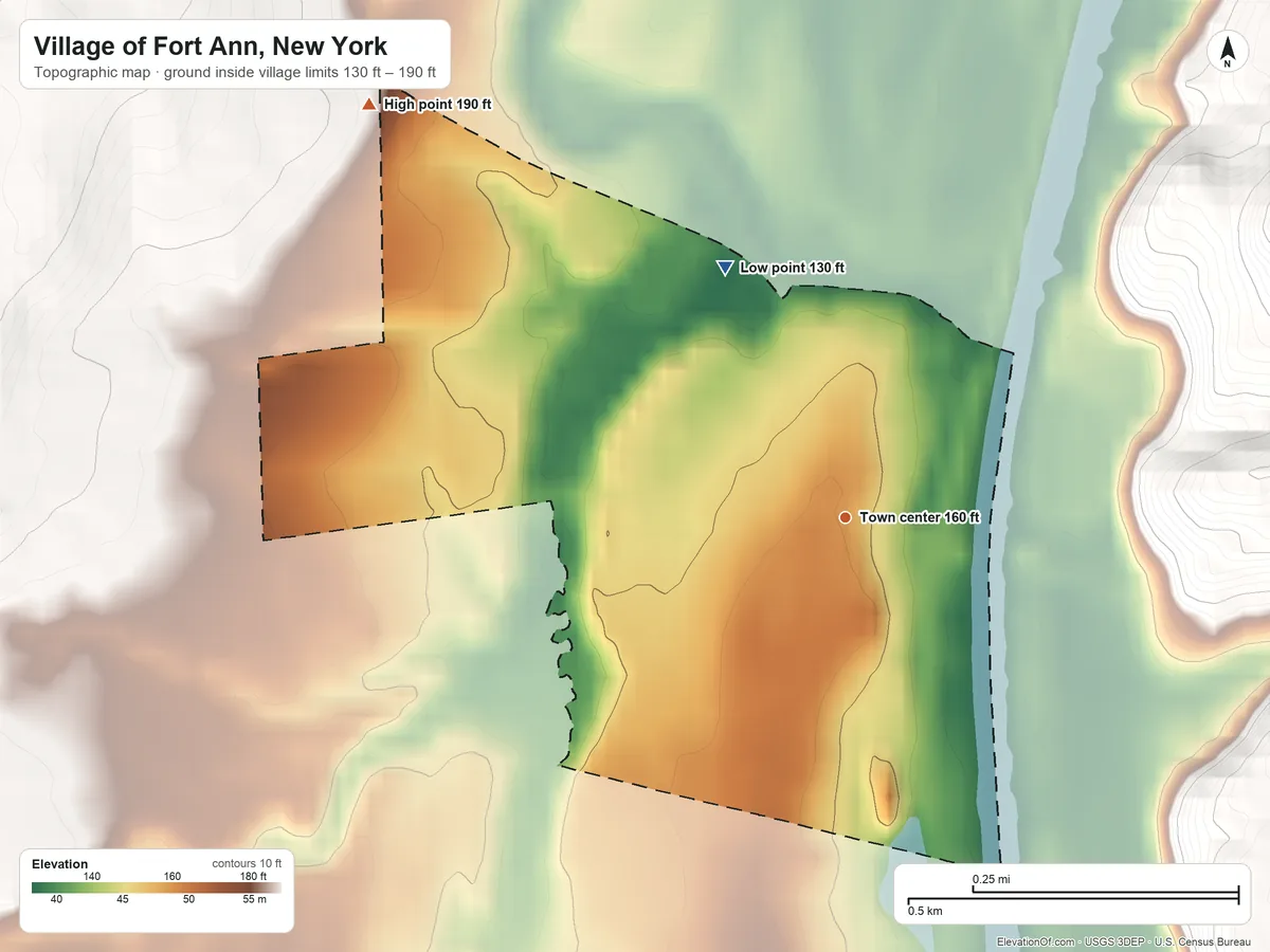 Topographic elevation map of Village of Fort Ann, New York, shaded from 130 ft on the northwest side to 190 ft at the foot of the Luzerne Mountains