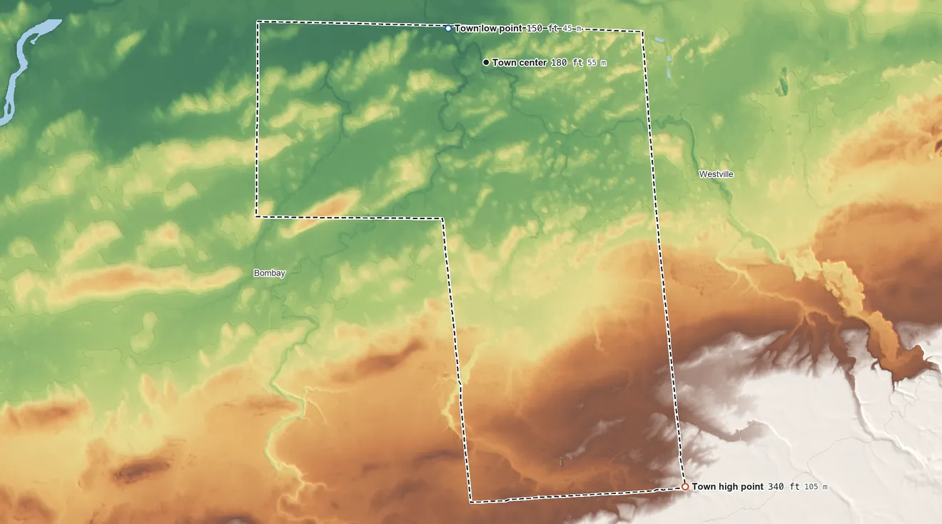 Topographic elevation map of Fort Covington, New York, shaded from 150 ft near the middle to 340 ft on the southeast side
