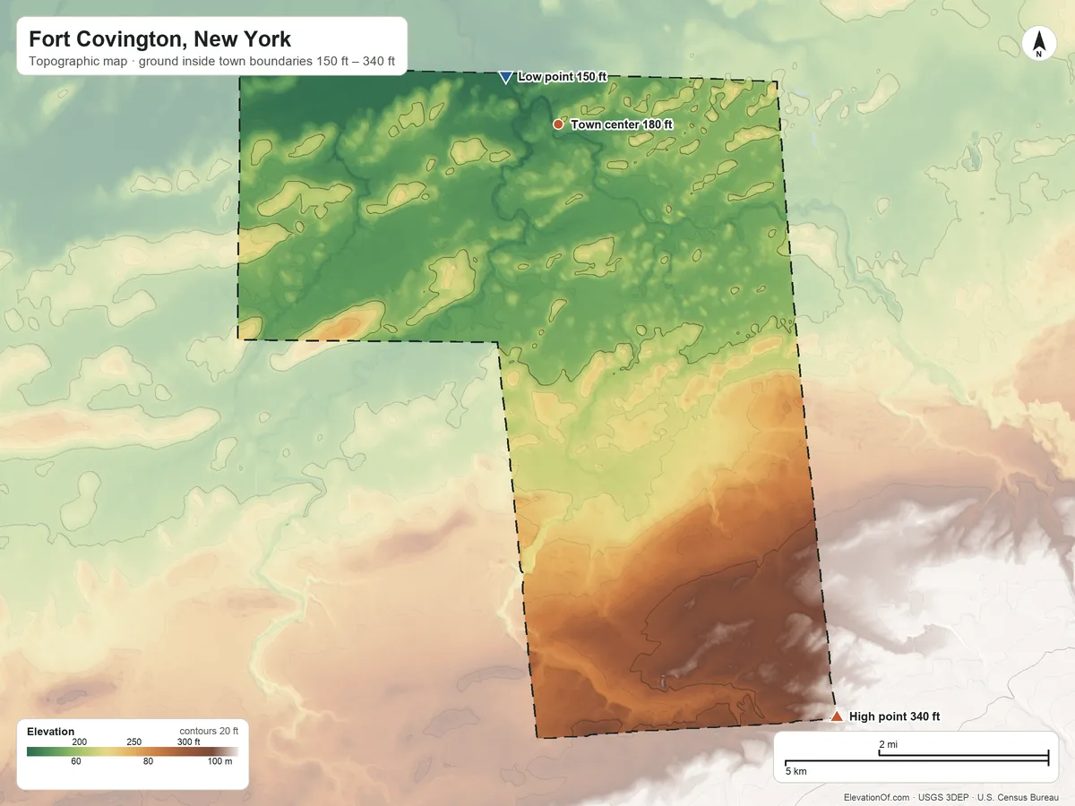 Topographic elevation map of Fort Covington, New York, shaded from 150 ft near the middle to 340 ft on the southeast side
