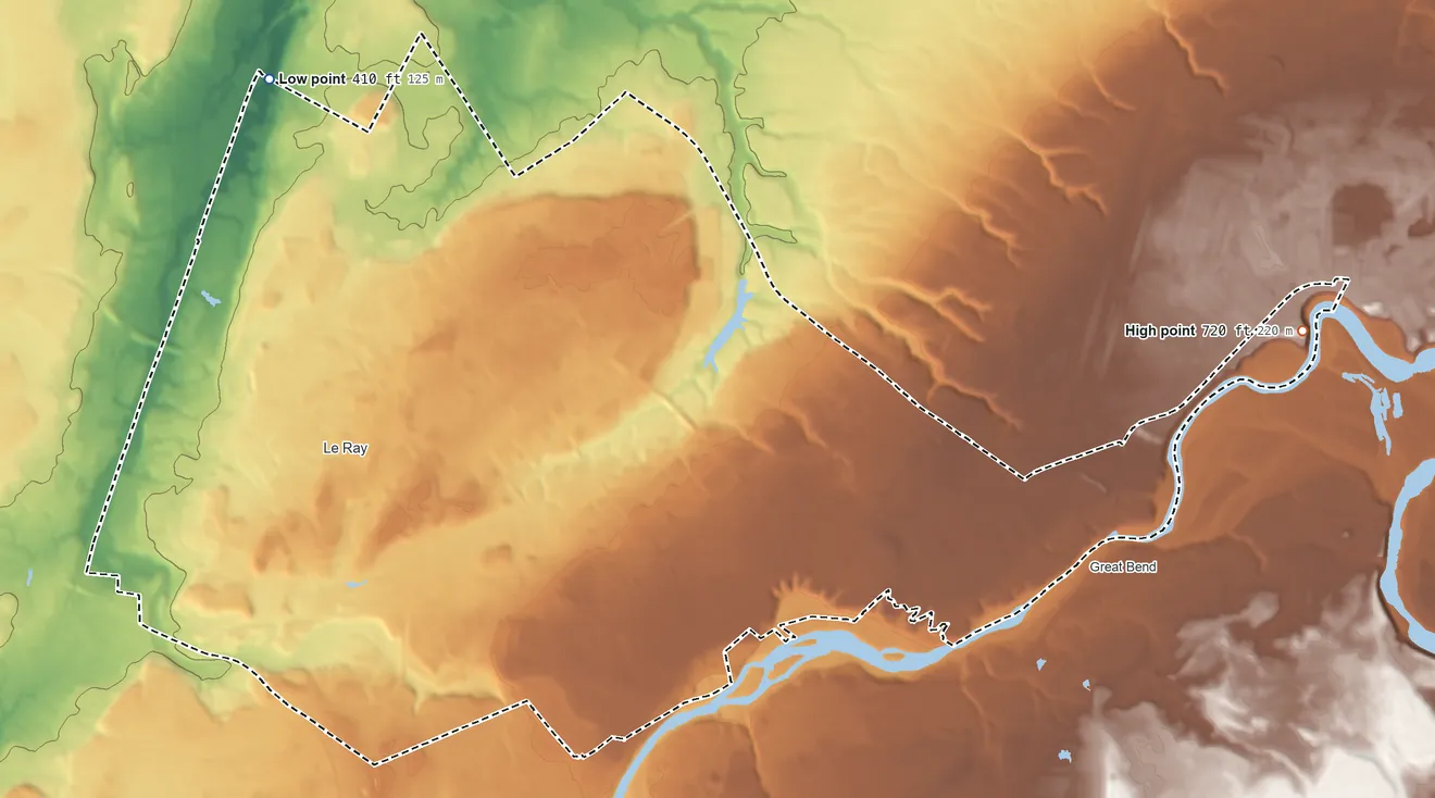 Topographic elevation map of Fort Drum, New York, shaded from 410 ft on the north side to 720 ft on the east side