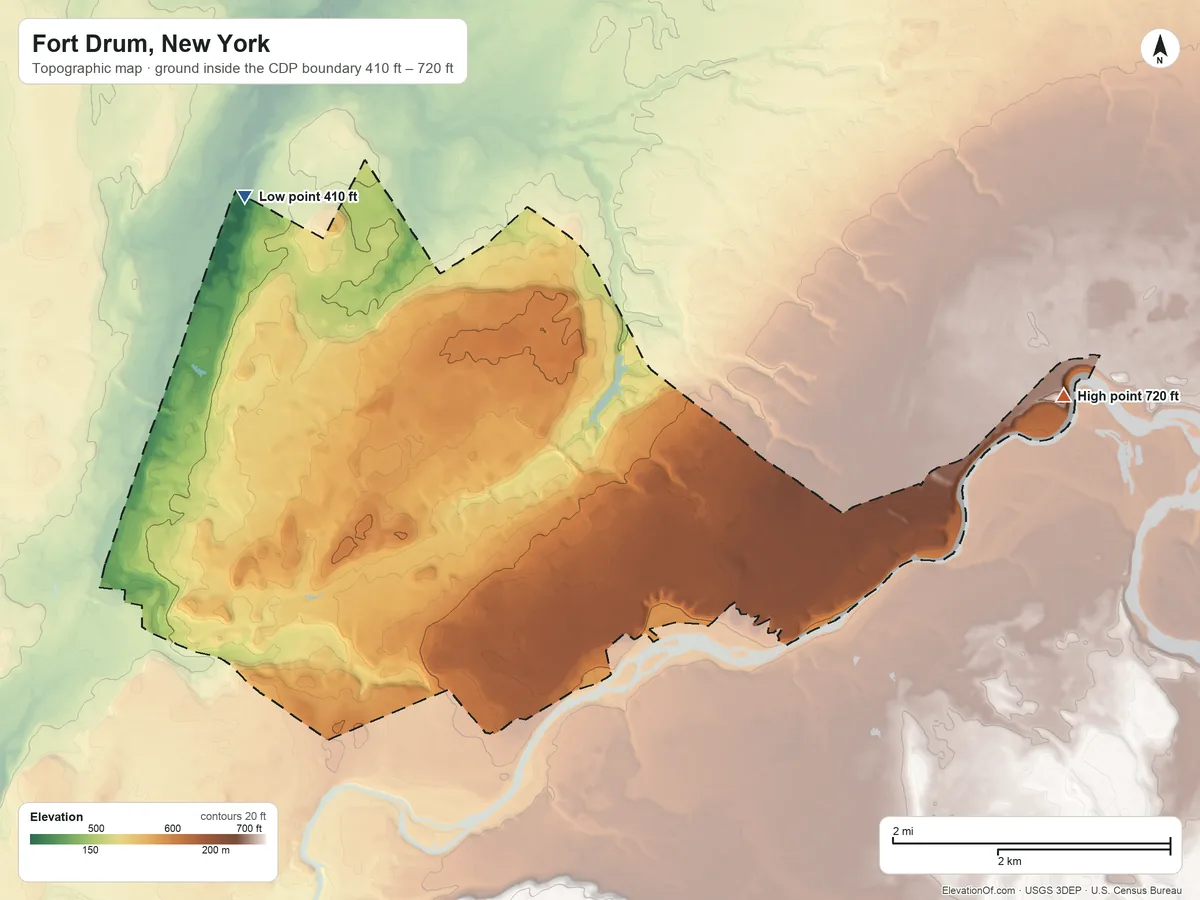 Topographic elevation map of Fort Drum, New York, shaded from 410 ft on the north side to 720 ft on the east side