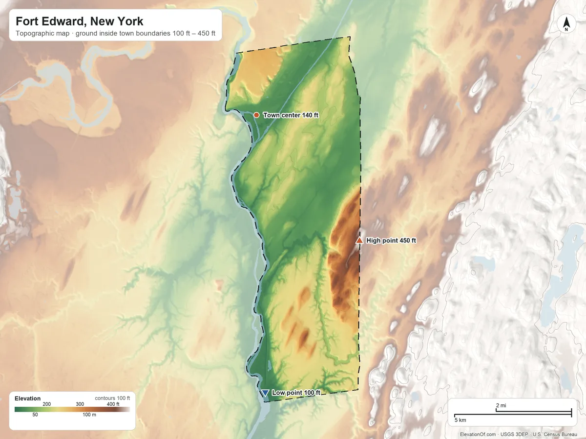 Topographic elevation map of Fort Edward, New York, shaded from 100 ft on the south side to 450 ft on the southeast side