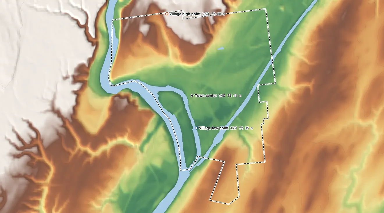 Topographic elevation map of Village of Fort Edward, New York, shaded from 120 ft on the south side to 260 ft on the north side