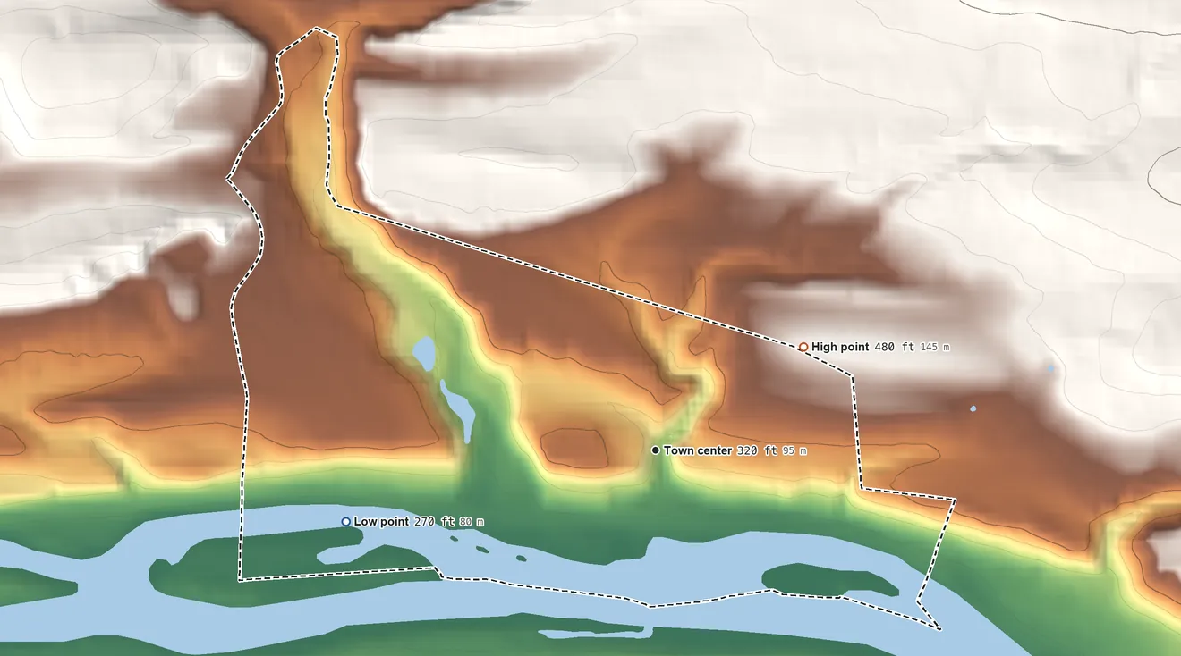 Topographic elevation map of Fort Johnson, New York, shaded from 270 ft on the west side to 480 ft on the northeast side