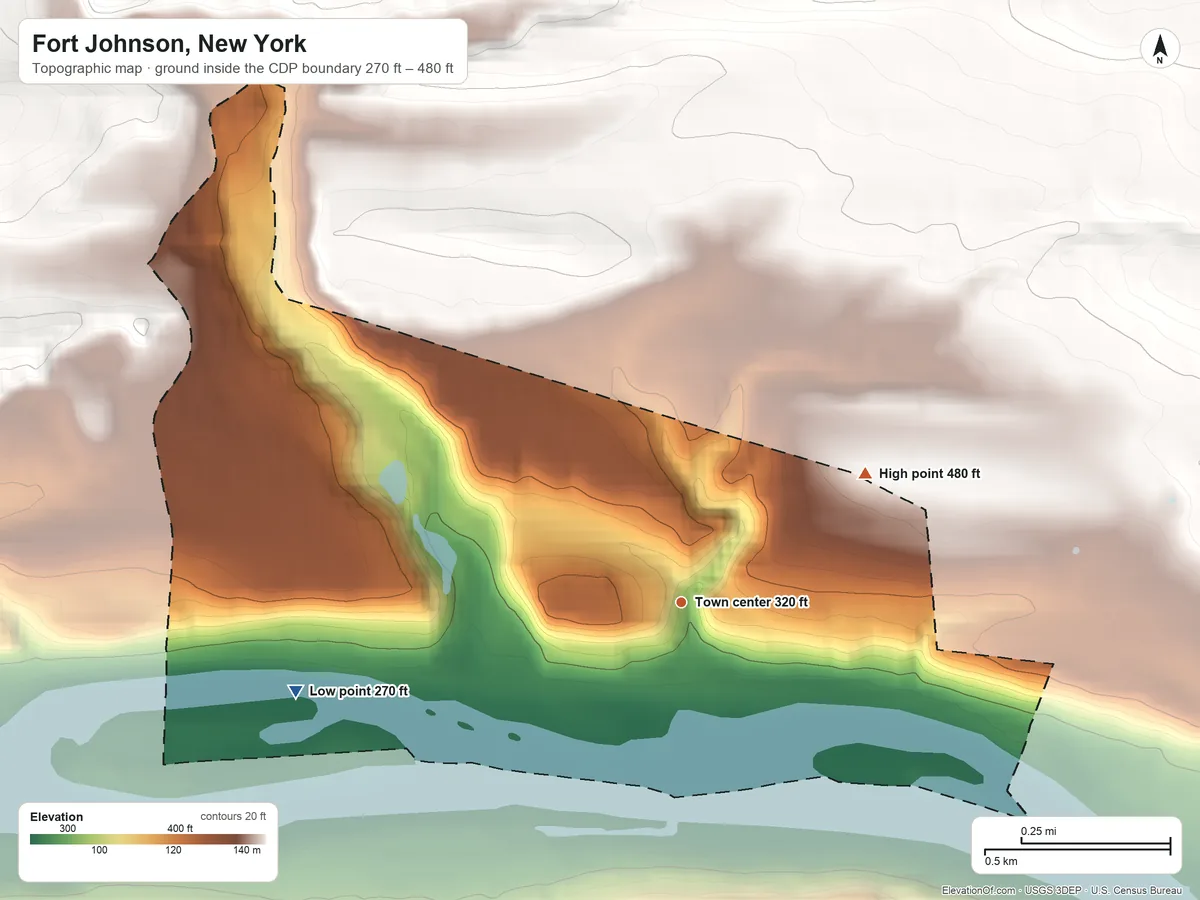Topographic elevation map of Fort Johnson, New York, shaded from 270 ft on the west side to 480 ft on the northeast side