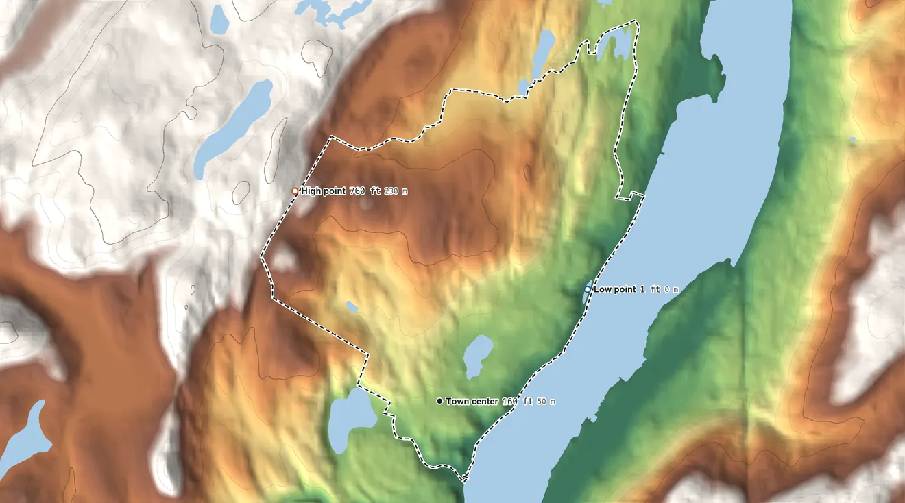 Topographic elevation map of Fort Montgomery, New York, shaded from 1 ft on the northeast side to 760 ft on the northwest edge, below higher ground just outside