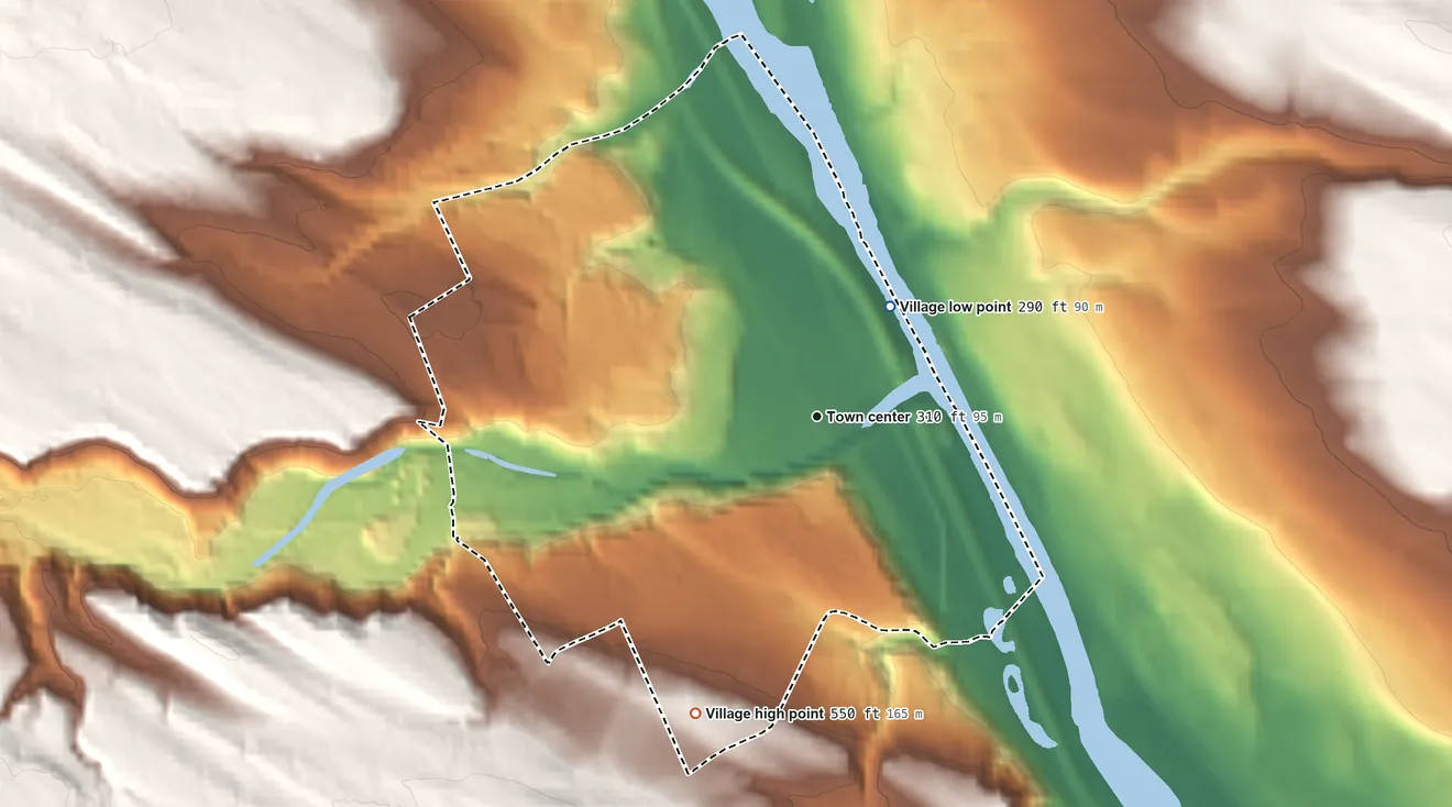 Topographic elevation map of Fort Plain, New York, shaded from 290 ft on the northeast side to 550 ft on the south side