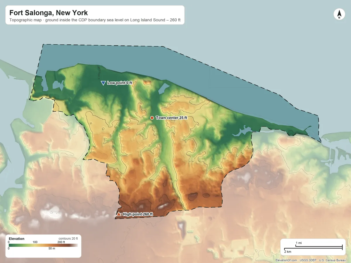Topographic elevation map of Fort Salonga, New York, shaded from sea level level on Long Island Sound to 260 ft on the south side