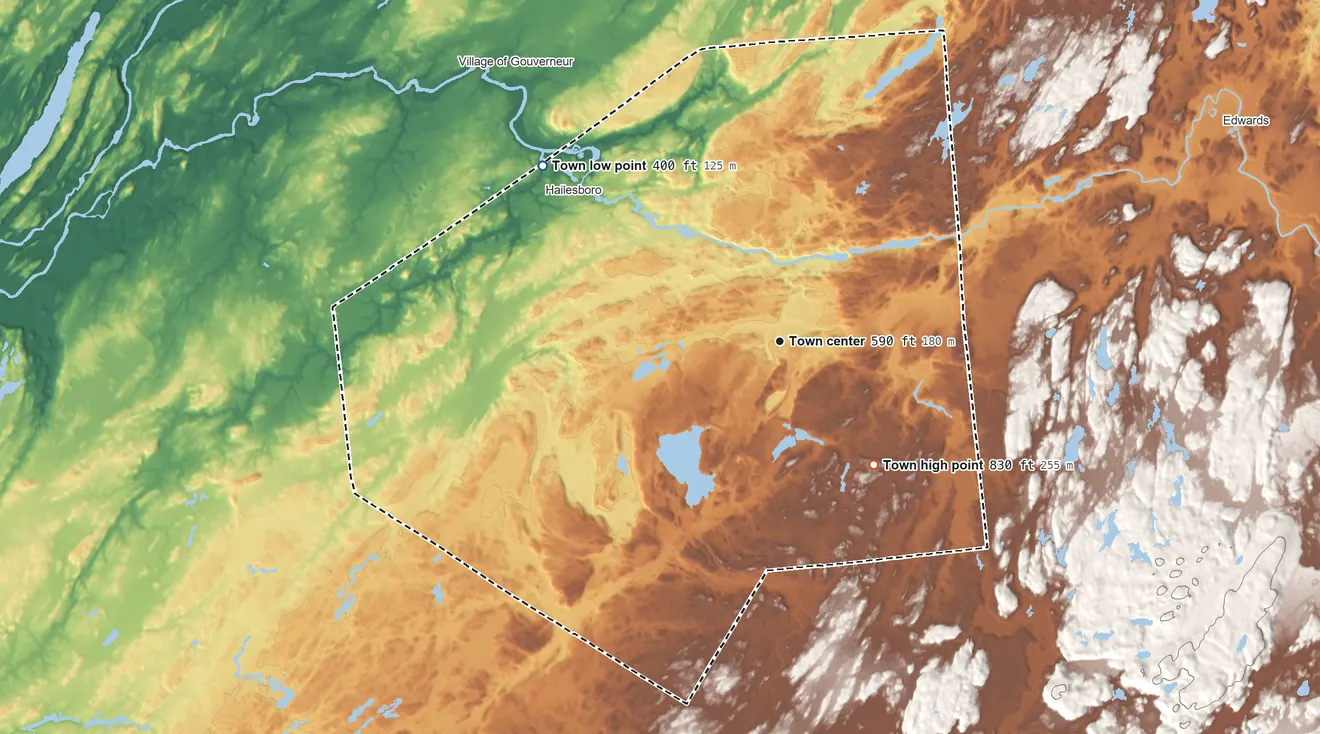 Topographic elevation map of Fowler, New York, shaded from 400 ft on the northwest side to 830 ft on the southeast side