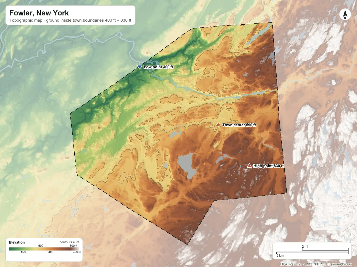 Topographic elevation map of Fowler, New York, shaded from 400 ft on the northwest side to 830 ft on the southeast side