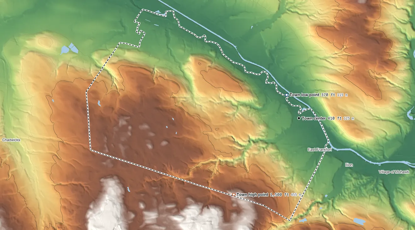 Topographic elevation map of Frankfort, New York, shaded from 370 ft near the middle to 1,500 ft on Joslin Hill