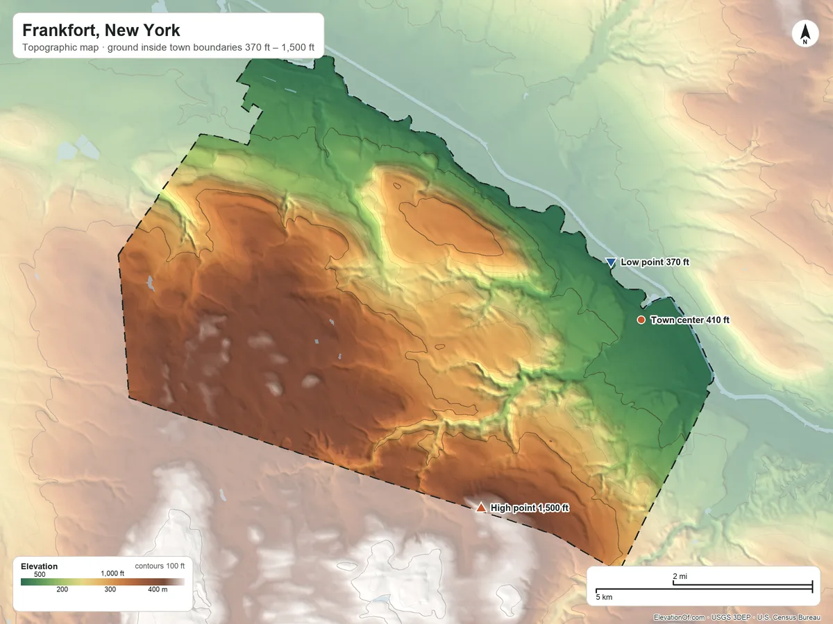 Topographic elevation map of Frankfort, New York, shaded from 370 ft near the middle to 1,500 ft on Joslin Hill