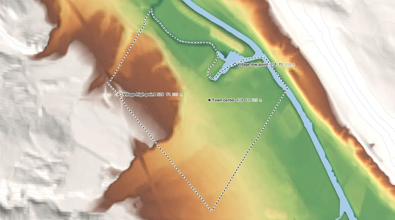 Topographic elevation map of Village of Frankfort, New York, shaded from 370 ft on the northeast side to 520 ft on the west edge, below higher ground just outside