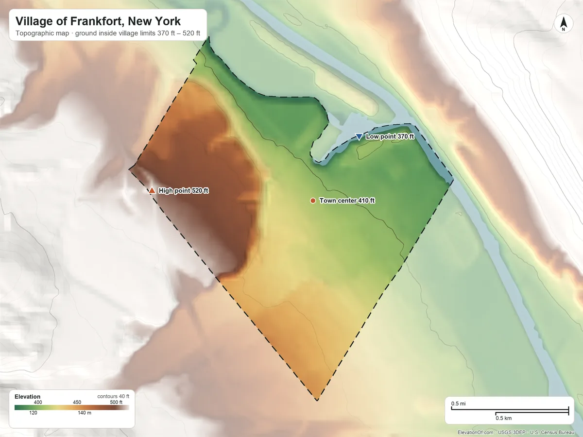 Topographic elevation map of Village of Frankfort, New York, shaded from 370 ft on the northeast side to 520 ft on the west edge, below higher ground just outside