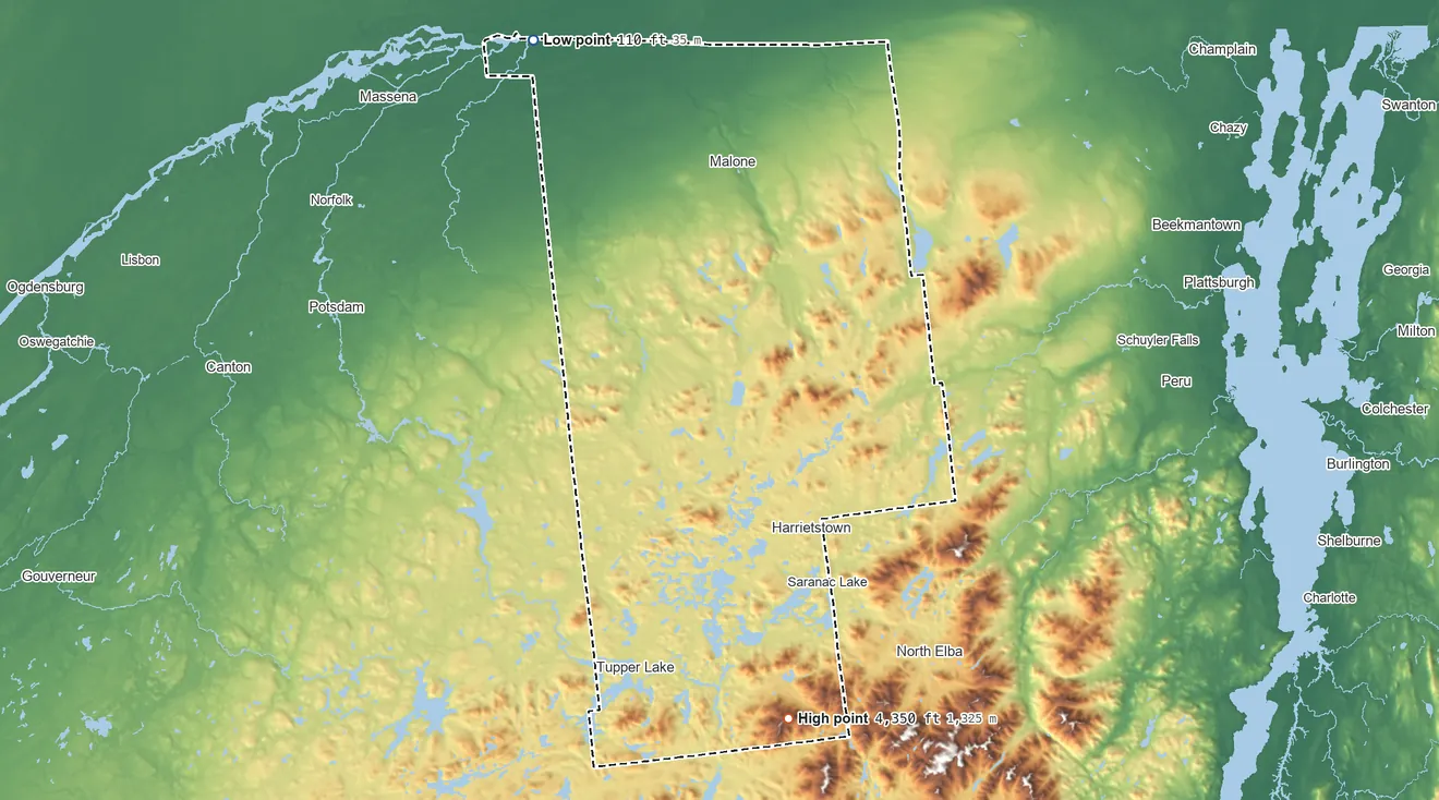 Topographic elevation map of Franklin County, New York, shaded from 110 ft on the northwest side to 4,350 ft on Seward Mountains
