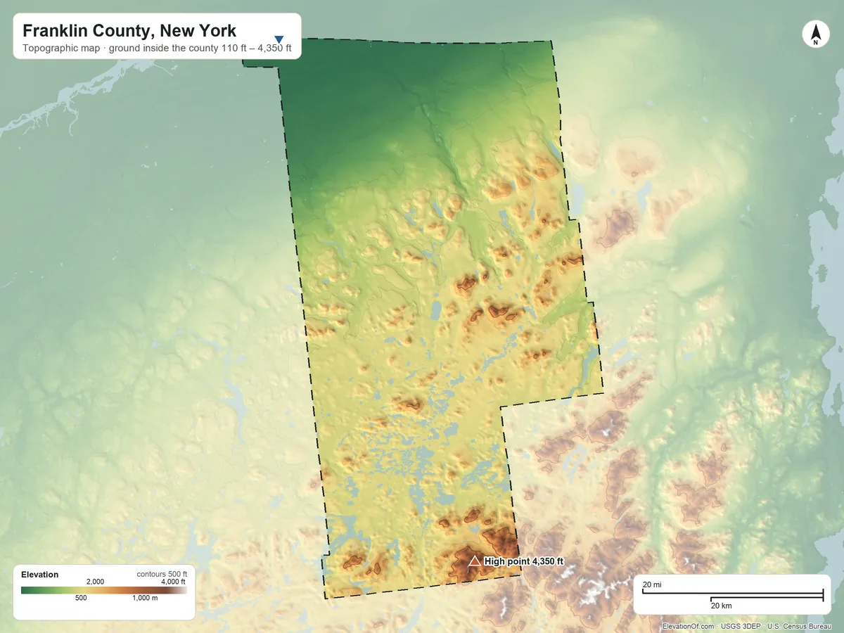 Topographic elevation map of Franklin County, New York, shaded from 110 ft on the northwest side to 4,350 ft on Seward Mountains