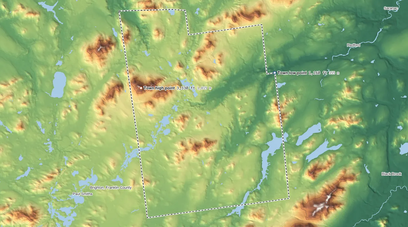 Topographic elevation map of Franklin, Franklin County, New York, shaded from 1,160 ft on the northeast side to 3,328 ft on Loon Lake Mountains