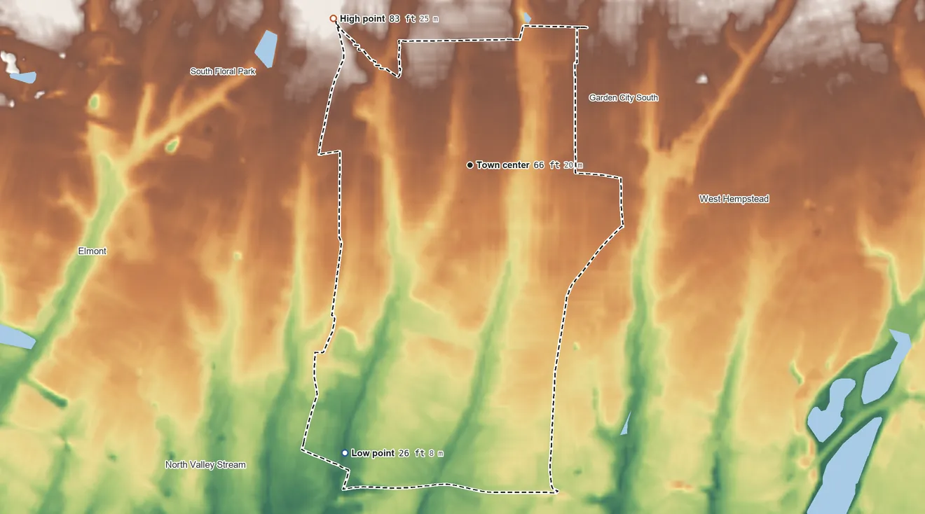 Topographic elevation map of Franklin Square, New York, shaded from 26 ft on the southwest side to 83 ft on the northwest side