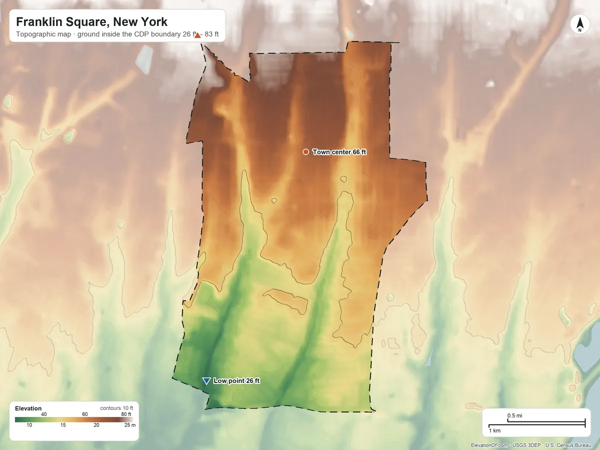 Topographic elevation map of Franklin Square, New York, shaded from 26 ft on the southwest side to 83 ft on the northwest side