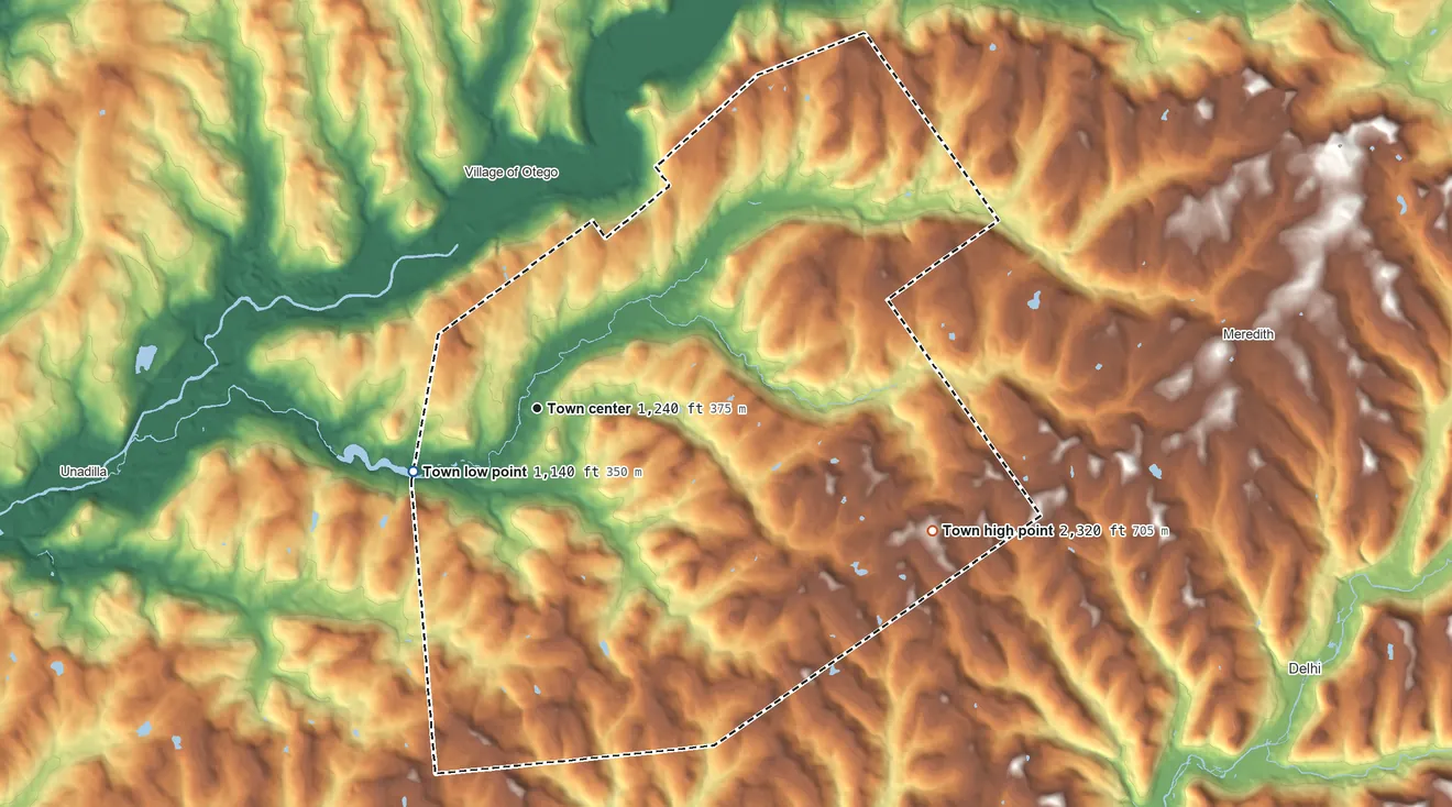 Topographic elevation map of Franklin, New York, shaded from 1,140 ft on the southwest side to 2,320 ft on the east side