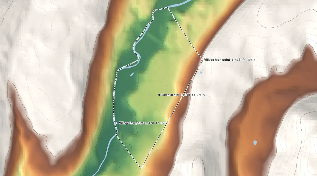 Topographic elevation map of Village of Franklin, New York, shaded from 1,170 ft on the southwest side to 1,410 ft on the northeast edge, below higher ground just outside