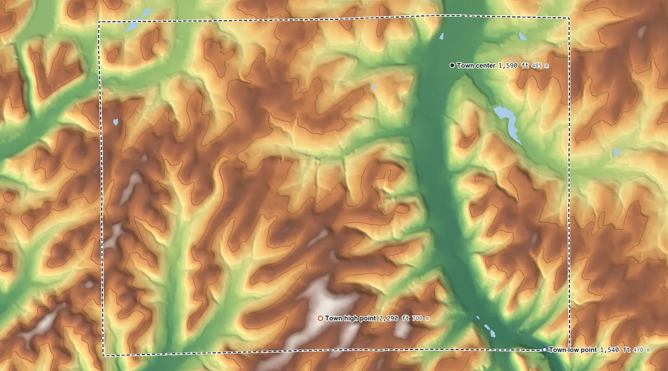 Topographic elevation map of Franklinville, New York, shaded from 1,540 ft on the south side to 2,290 ft on the southwest side