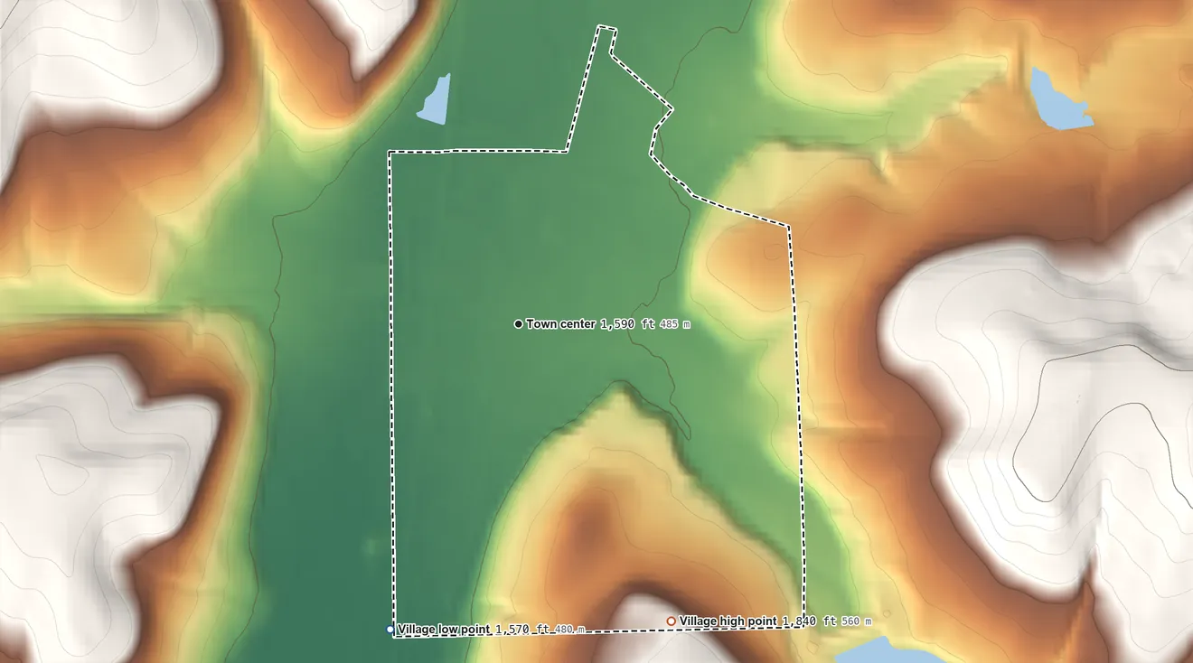 Topographic elevation map of Village of Franklinville, New York, shaded from 1,570 ft on the southwest side to 1,840 ft on the southeast side