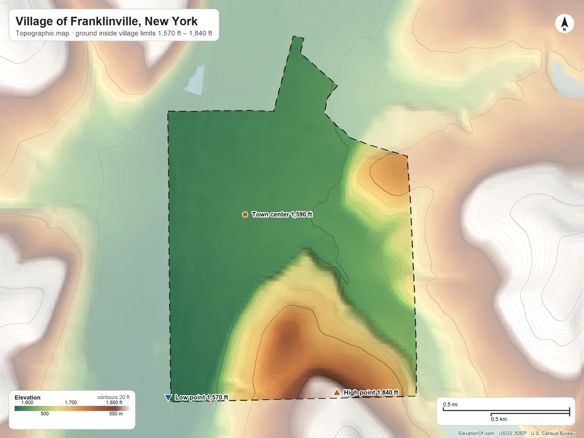 Topographic elevation map of Village of Franklinville, New York, shaded from 1,570 ft on the southwest side to 1,840 ft on the southeast side