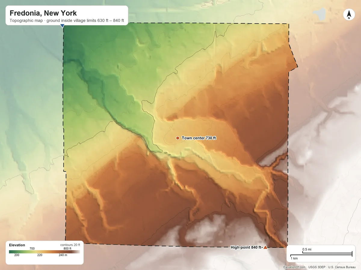 Topographic elevation map of Fredonia, New York, shaded from 630 ft on the northwest side to 840 ft on the southeast edge, below higher ground just outside