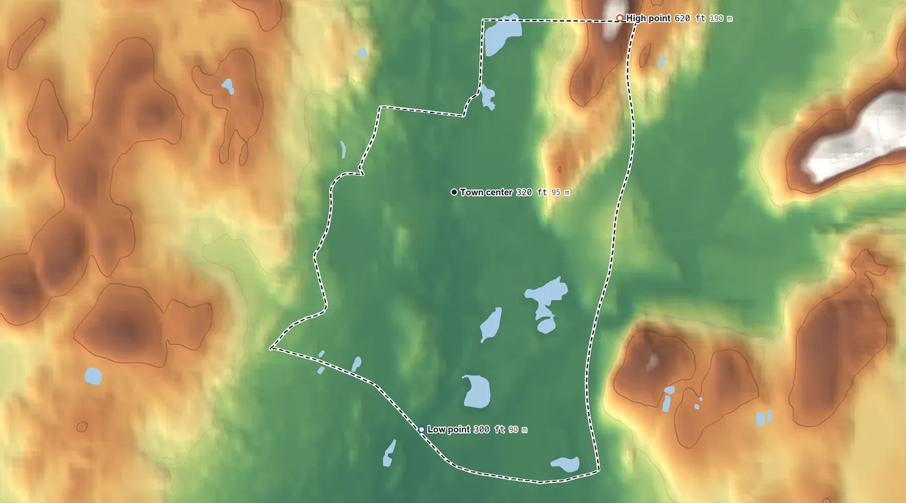 Topographic elevation map of Freedom Plains, New York, shaded from 300 ft on the south side to 620 ft on the northeast side