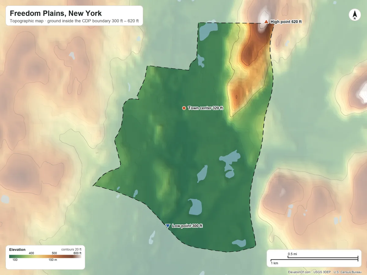 Topographic elevation map of Freedom Plains, New York, shaded from 300 ft on the south side to 620 ft on the northeast side