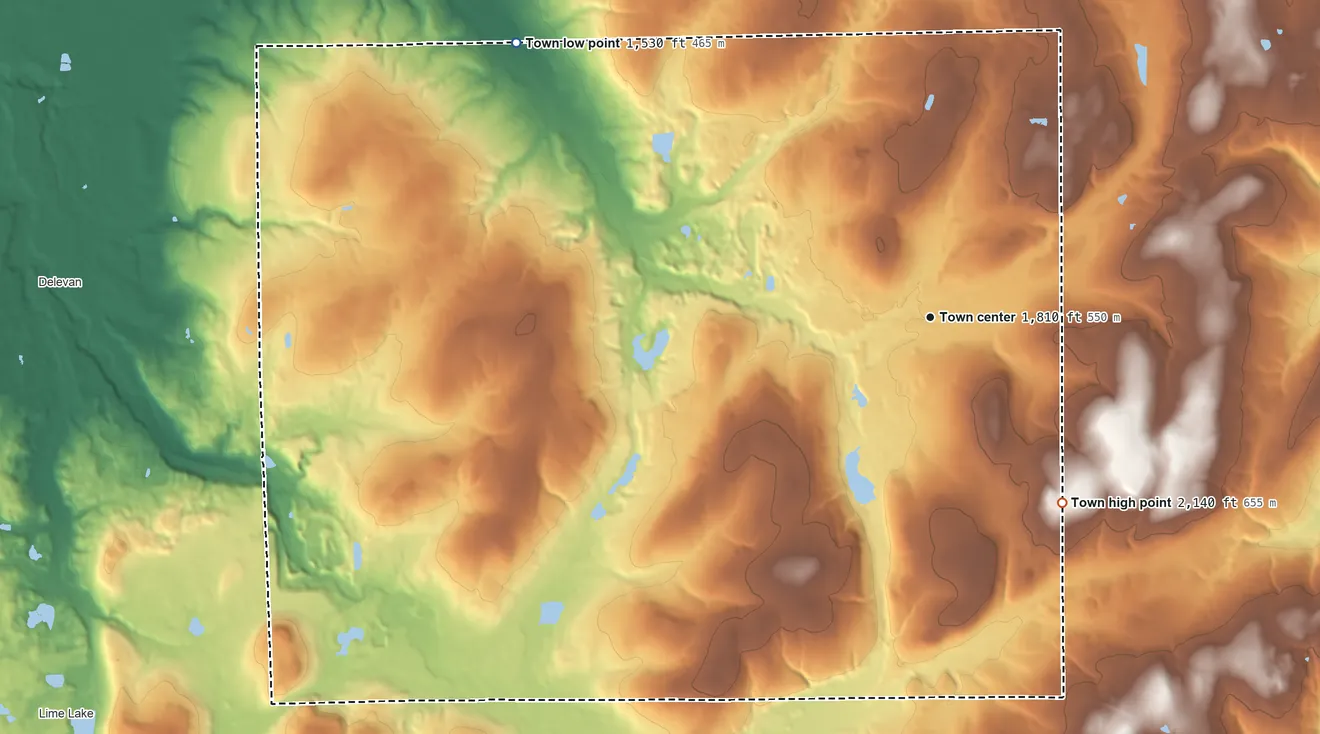 Topographic elevation map of Freedom, New York, shaded from 1,530 ft on the northwest side to 2,140 ft on the southeast side
