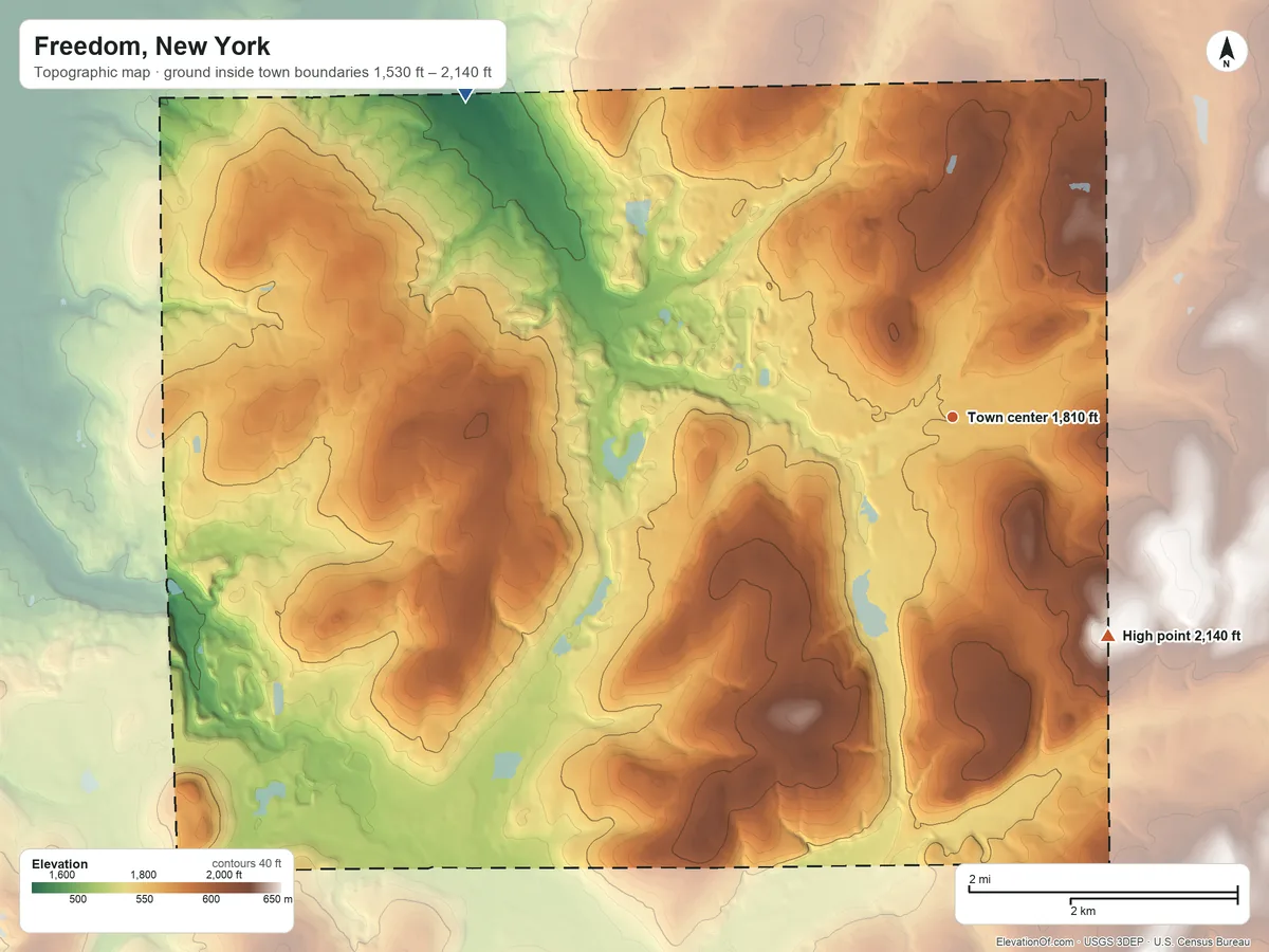 Topographic elevation map of Freedom, New York, shaded from 1,530 ft on the northwest side to 2,140 ft on the southeast side