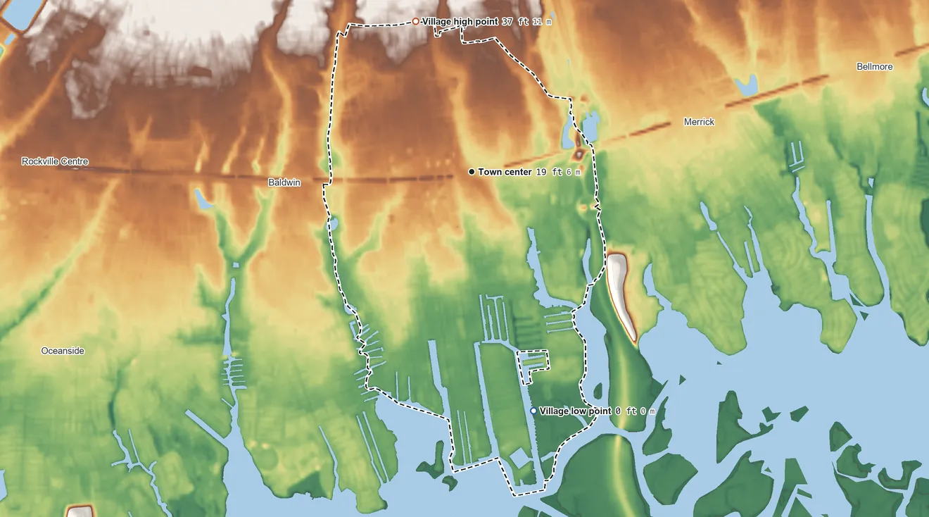 Topographic elevation map of Freeport, New York, shaded from sea level level on Hudson Bay to 37 ft on the north side