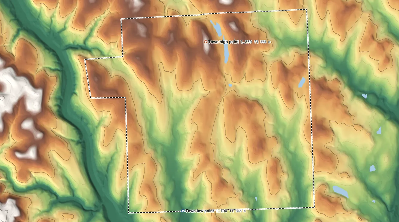 Topographic elevation map of Freetown, New York, shaded from 1,190 ft on the south side to 1,850 ft on the north side