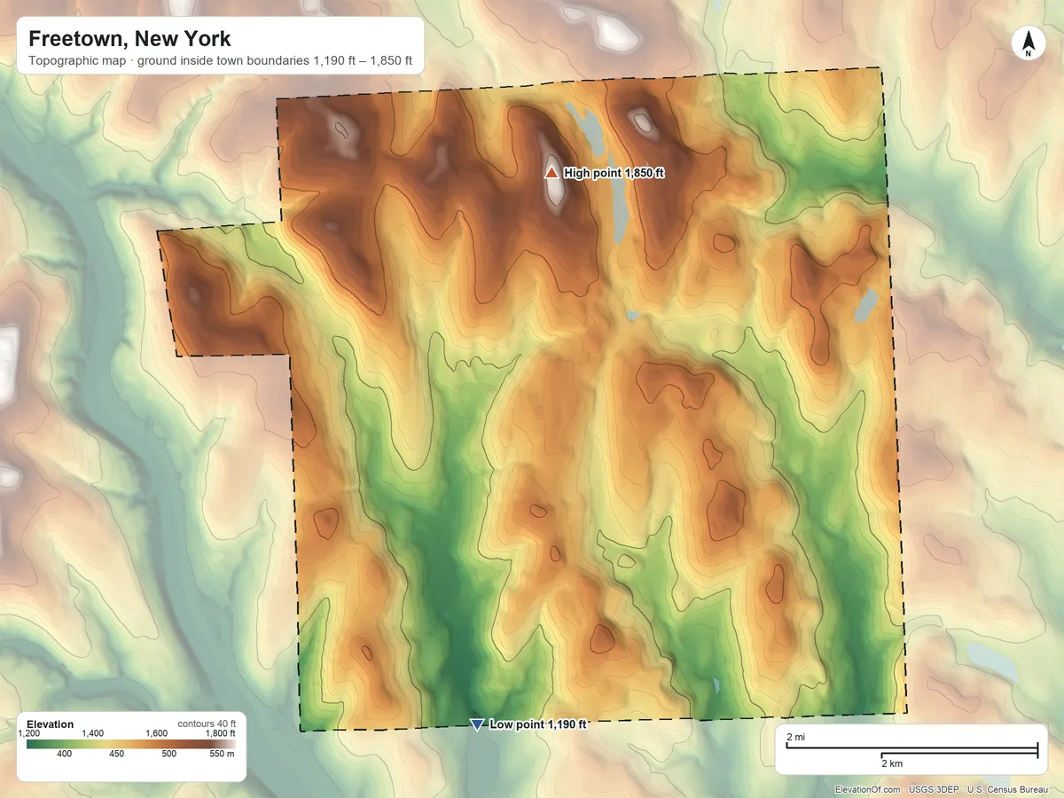Topographic elevation map of Freetown, New York, shaded from 1,190 ft on the south side to 1,850 ft on the north side