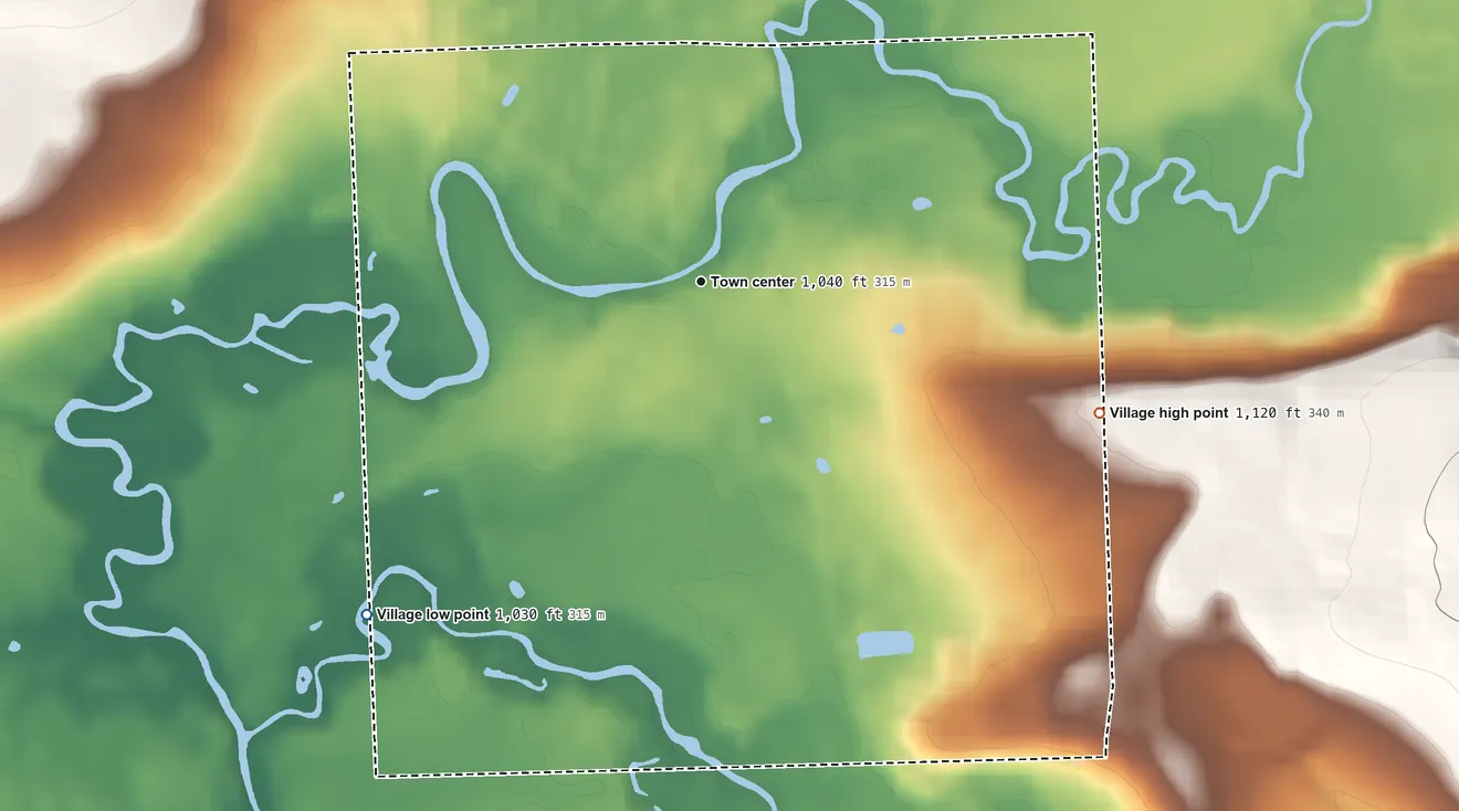 Topographic elevation map of Freeville, New York, shaded from 1,030 ft on the southwest side to 1,120 ft on the east side
