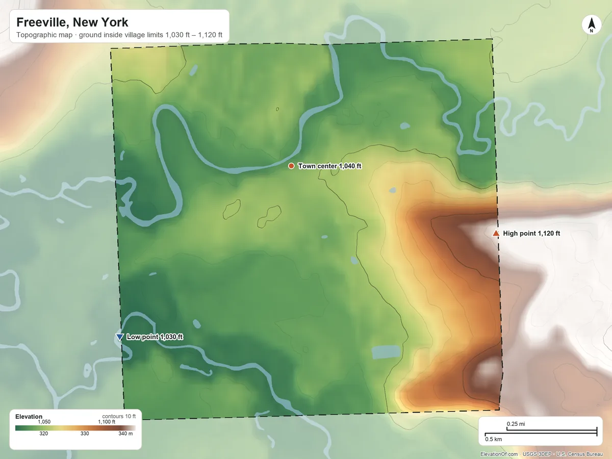 Topographic elevation map of Freeville, New York, shaded from 1,030 ft on the southwest side to 1,120 ft on the east side