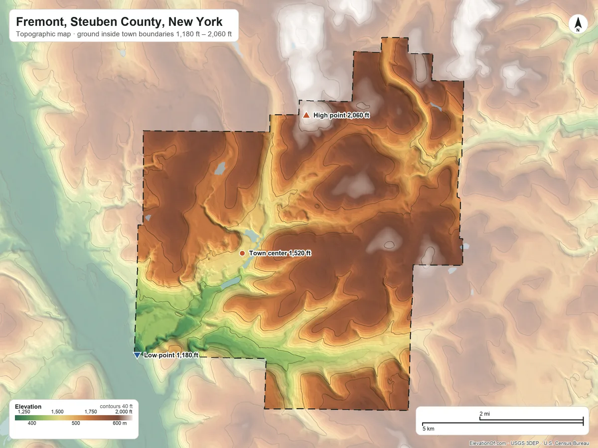 Topographic elevation map of Fremont, Steuben County, New York, shaded from 1,180 ft on the southwest side to 2,060 ft on the northeast side