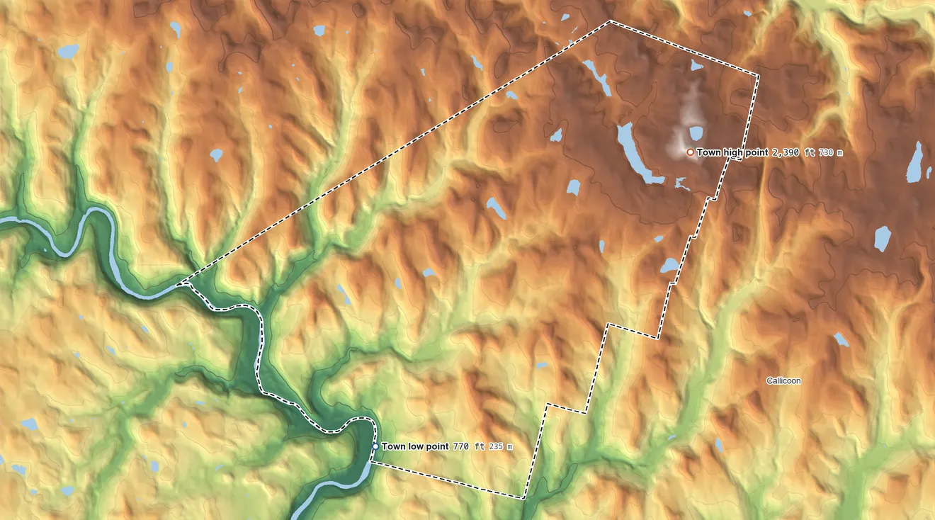 Topographic elevation map of Fremont, New York, shaded from 770 ft on the southwest side to 2,390 ft on the northeast side