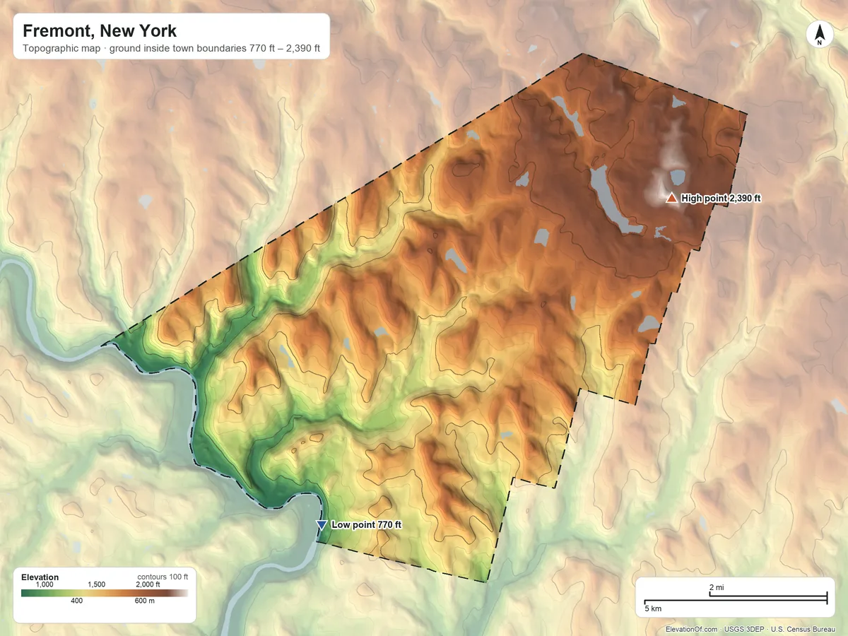 Topographic elevation map of Fremont, New York, shaded from 770 ft on the southwest side to 2,390 ft on the northeast side