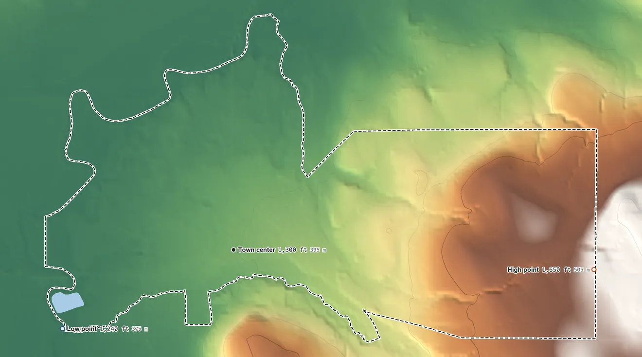 Topographic elevation map of Frewsburg, New York, shaded from 1,240 ft on the southwest side to 1,650 ft on the east edge, below higher ground just outside