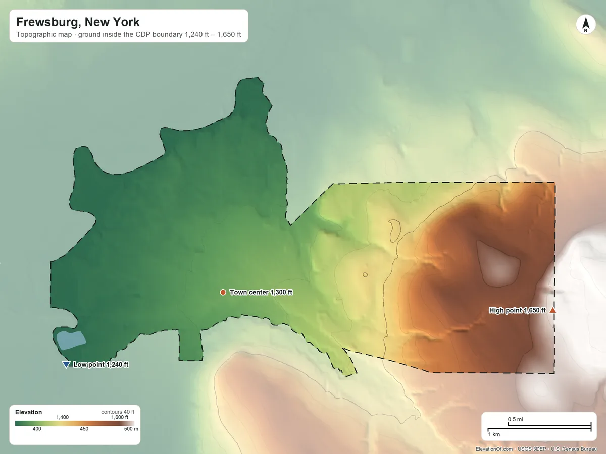 Topographic elevation map of Frewsburg, New York, shaded from 1,240 ft on the southwest side to 1,650 ft on the east edge, below higher ground just outside