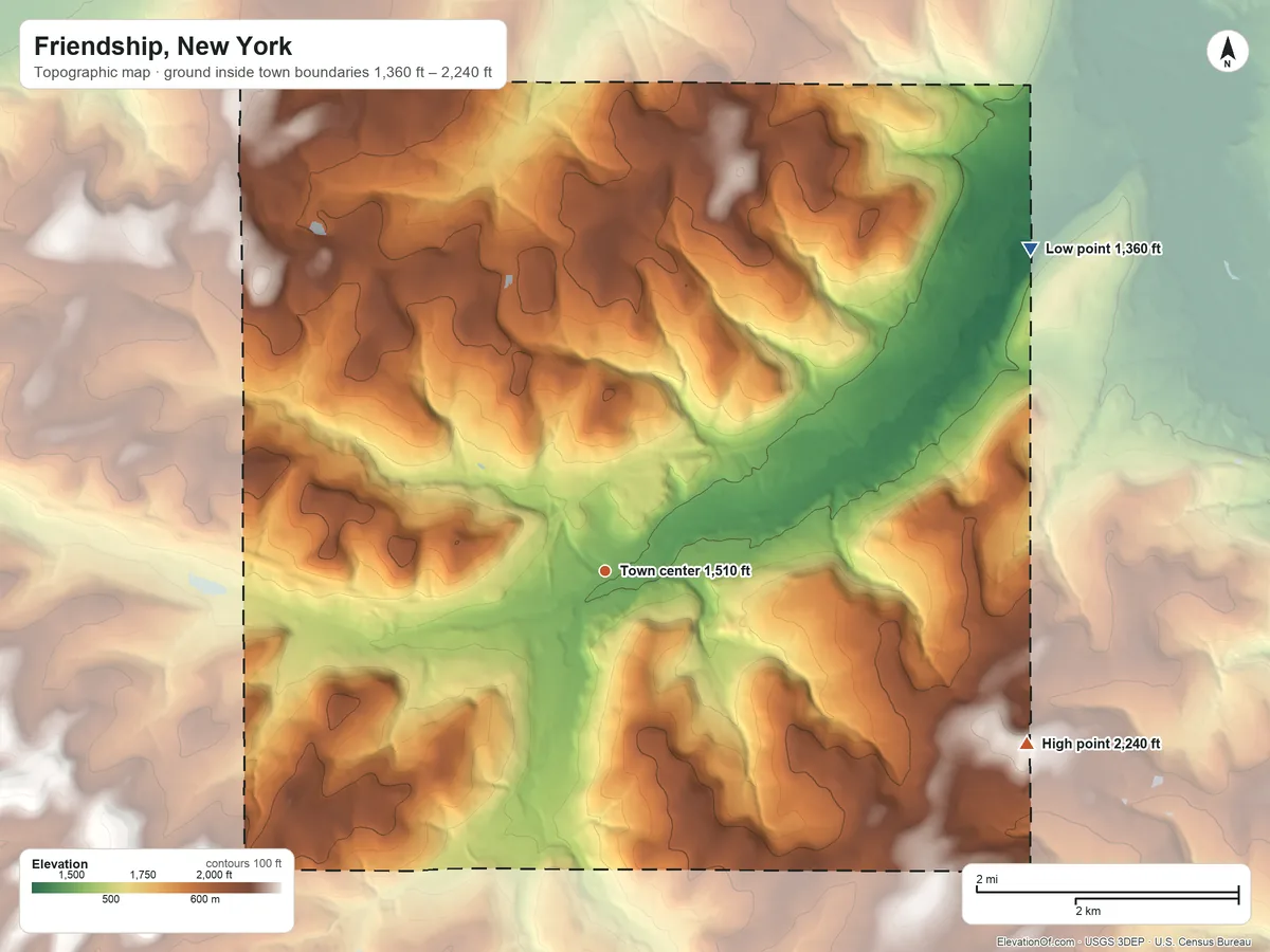 Topographic elevation map of Friendship, New York, shaded from 1,360 ft on the northeast side to 2,240 ft on the east side
