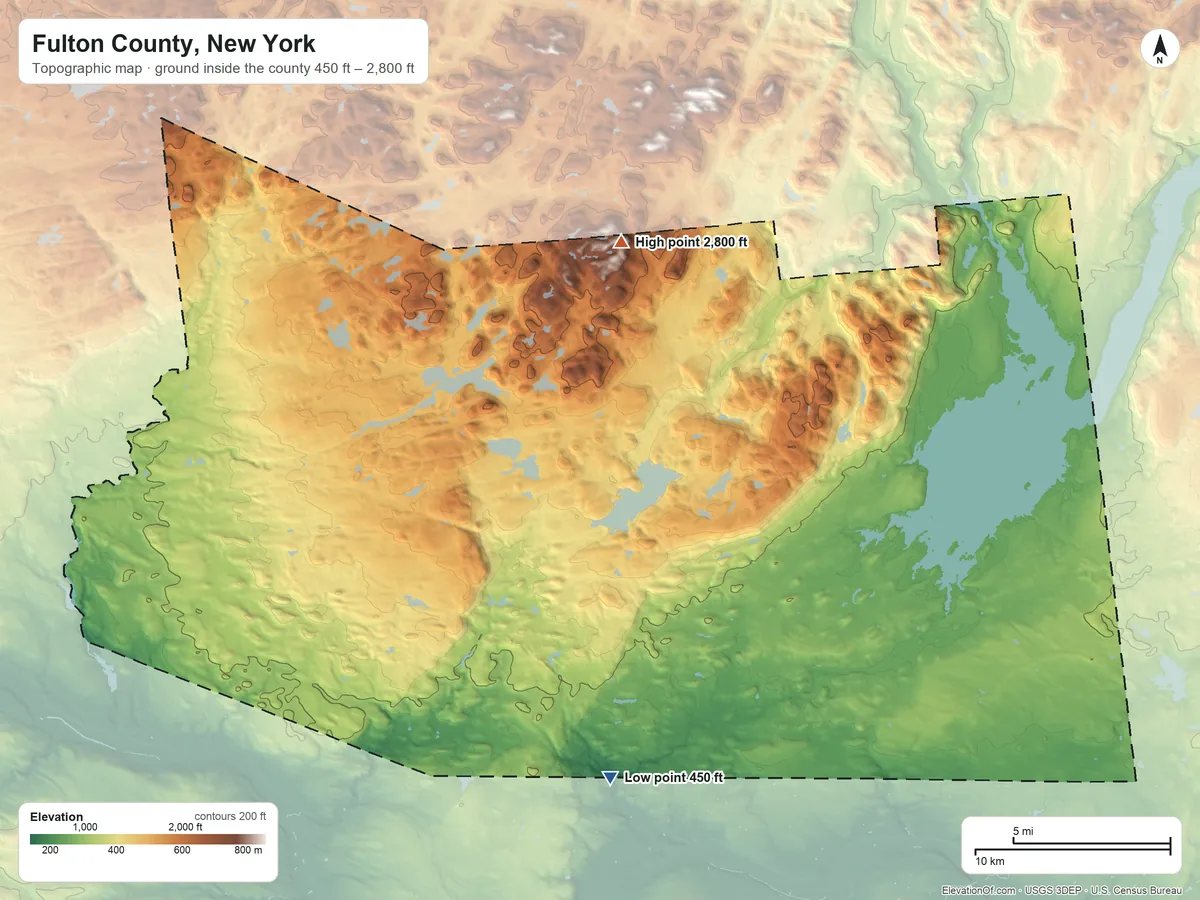 Topographic elevation map of Fulton County, New York, shaded from 450 ft on the south side to 2,800 ft on Pigeon Mountain